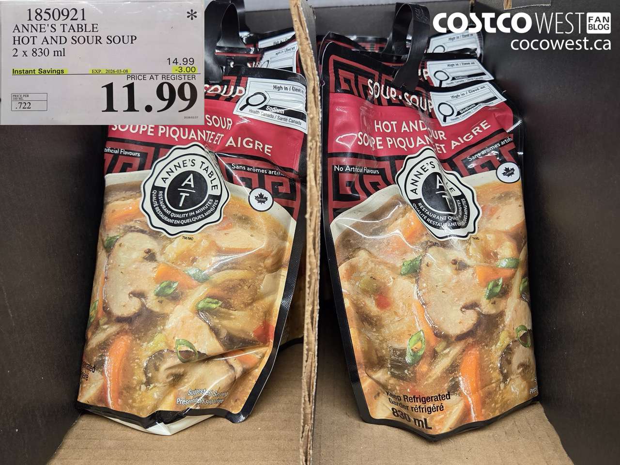1850921 ANNE'S TABLE HOT AND SOUR SOUP 2 X 830 ML ($3.00 INSTANT SAVINGS EXPIRES ON 2026-03-08) $11.99