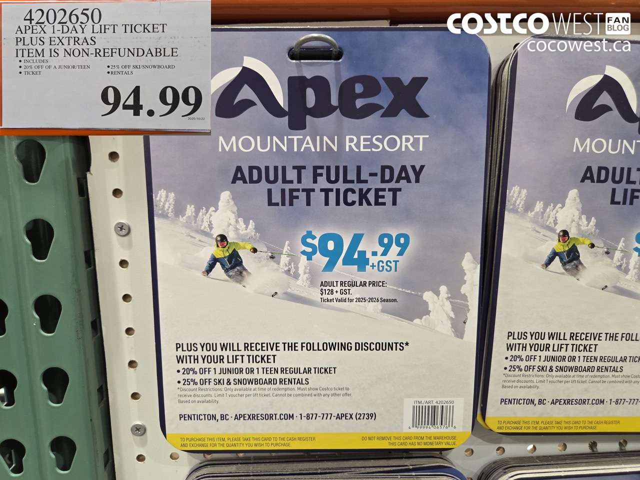 4202650 APEX 1-DAY LIFT TICKET PLUS EXTRAS ITEM IS NON-REFUNDABLE $94.99