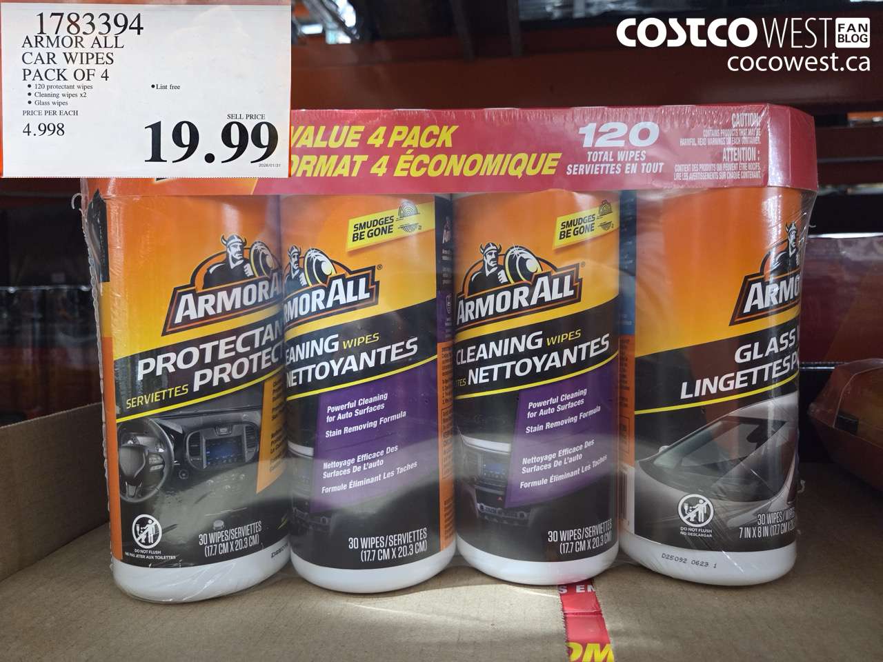 1783394 ARMOR ALL CAR WIPES PACK OF 4 $19.99