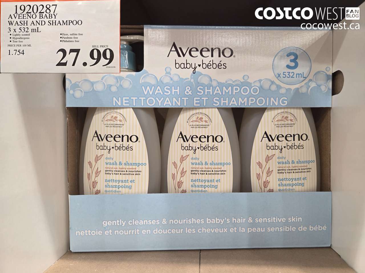 1920287 AVEENO BABY WASH AND SHAMPOO 3 x 532 mL $27.99
