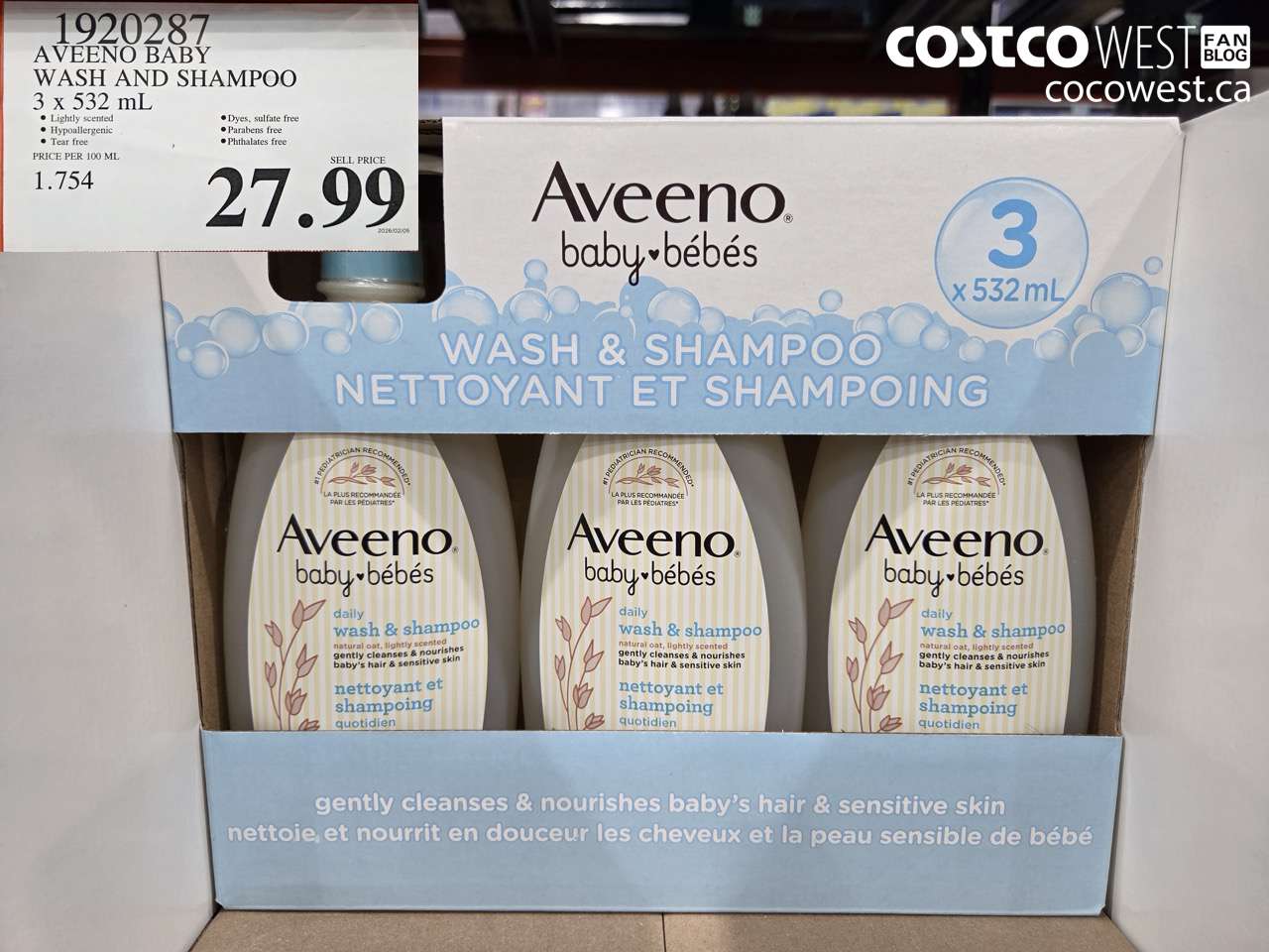 1920287 AVEENO BABY WASH AND SHAMPOO 3 x 532 mL $27.99