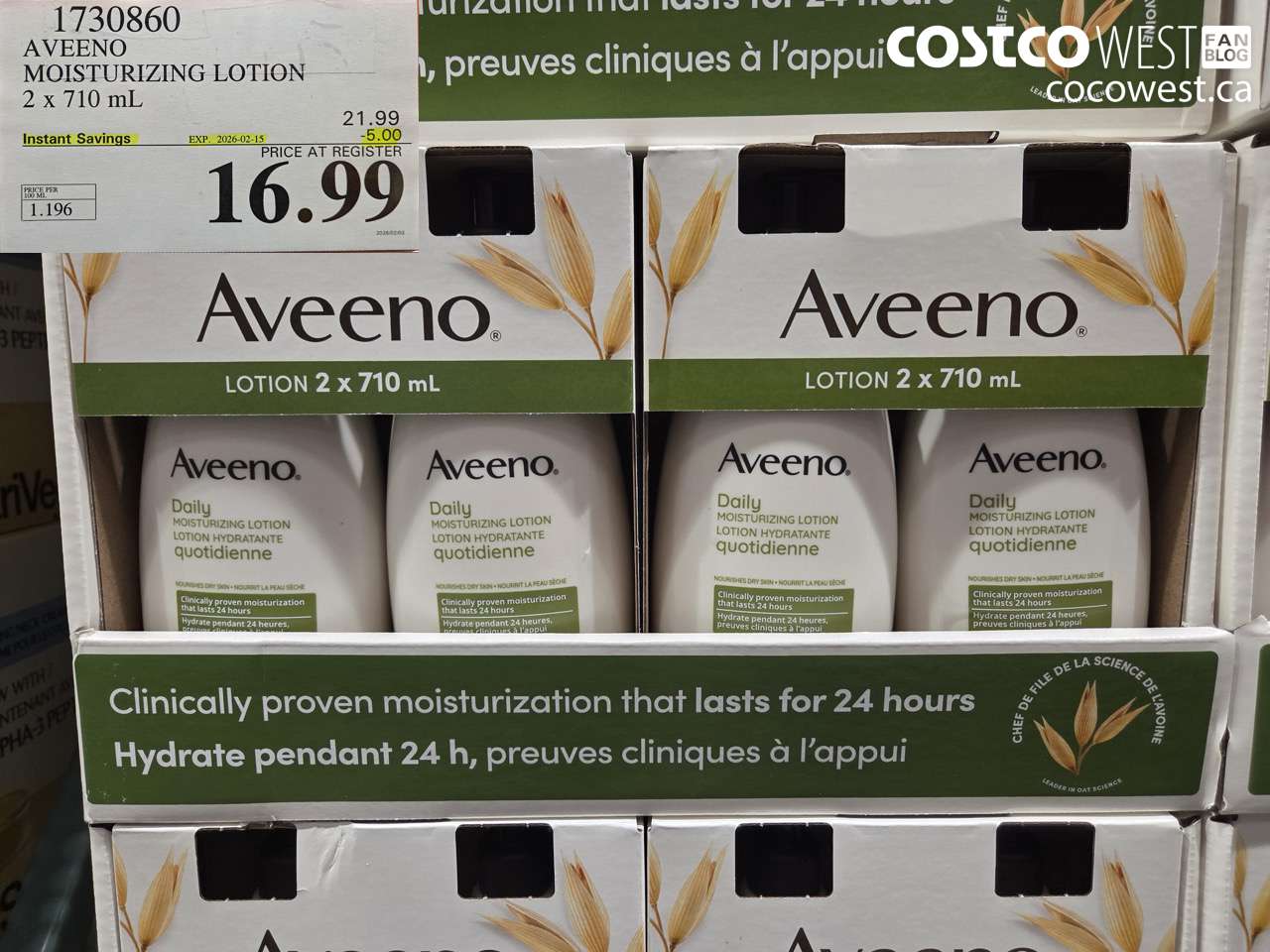 1730860 AVEENO MOISTURIZING LOTION 2 x 710 mL ($5.00 INSTANT SAVINGS EXPIRES ON 2026-02-15) $16.99