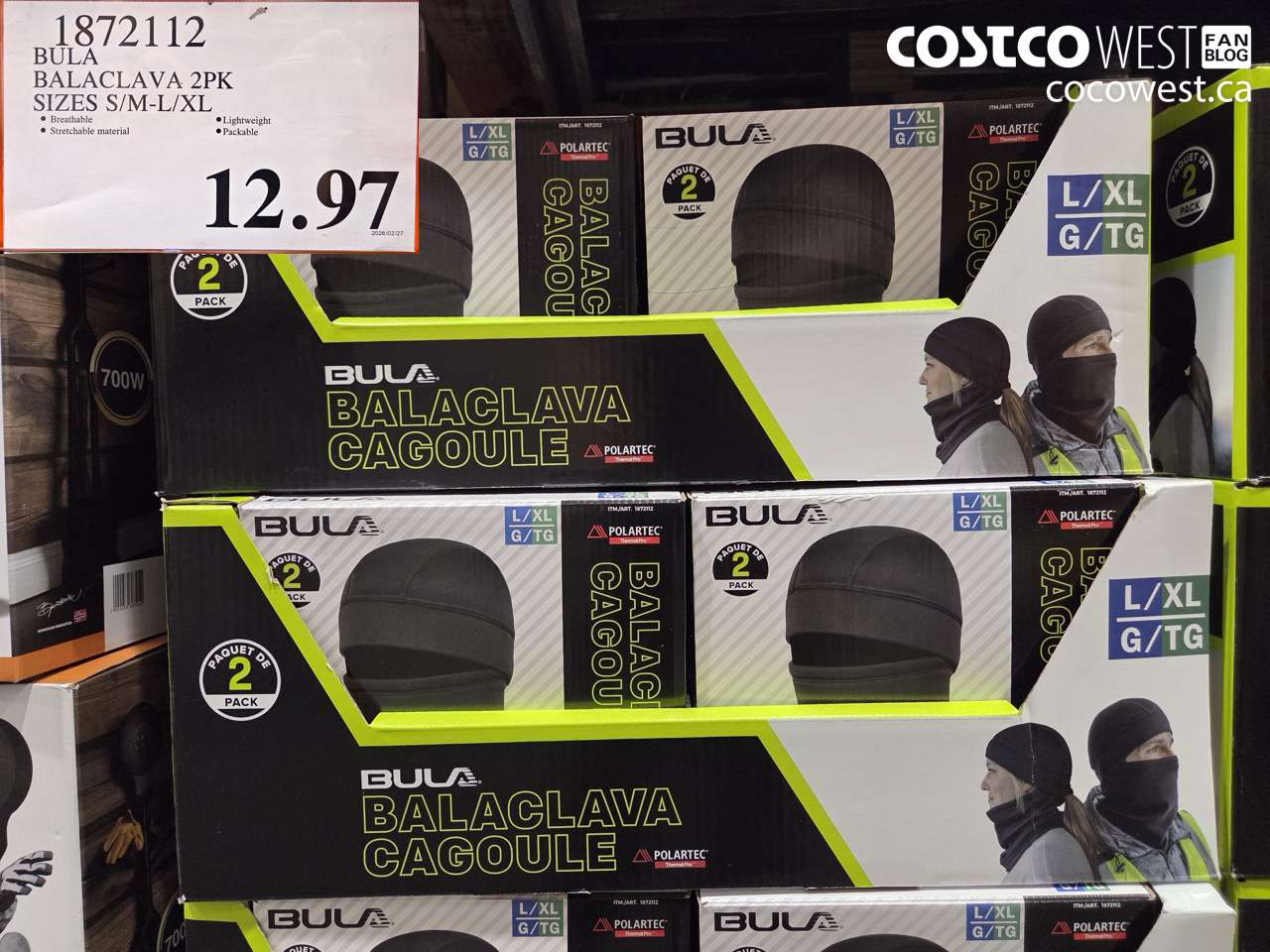 1872112 BALACLAVA 2PK SIZES S/M-L/XL $12.97