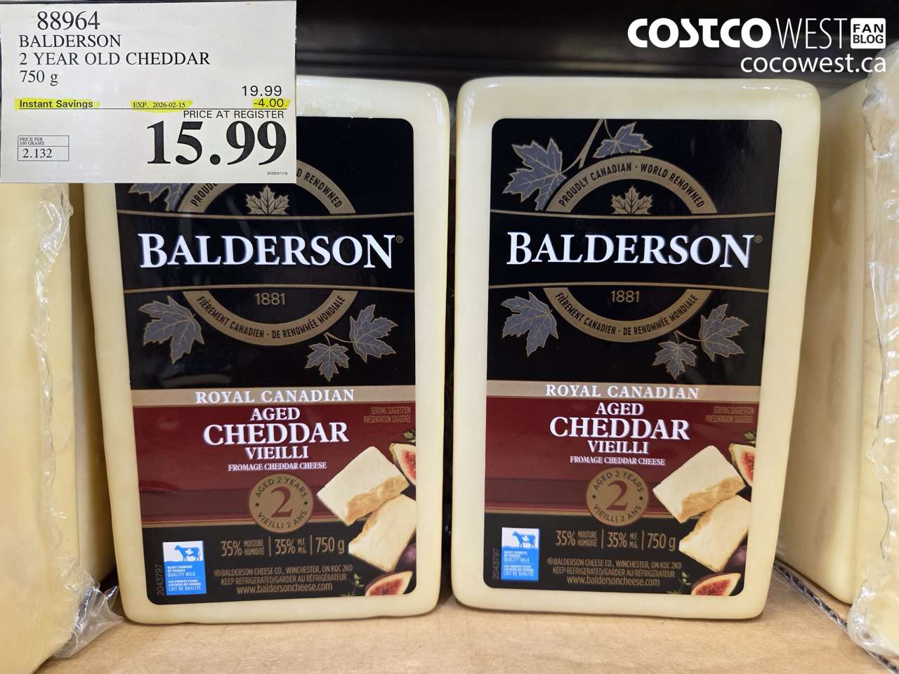 88964 BALDERSON 2 YEAR OLD CHEDDAR 750 g ($4.00 INSTANT SAVINGS EXPIRES ON 2026-02-15) $15.99