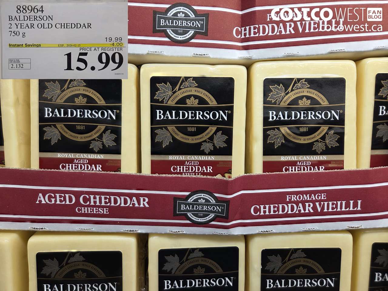 88964 BALDERSON 2 YEAR OLD CHEDDAR 750 g ($4.00 INSTANT SAVINGS EXPIRES ON 2026-02-15) $15.99