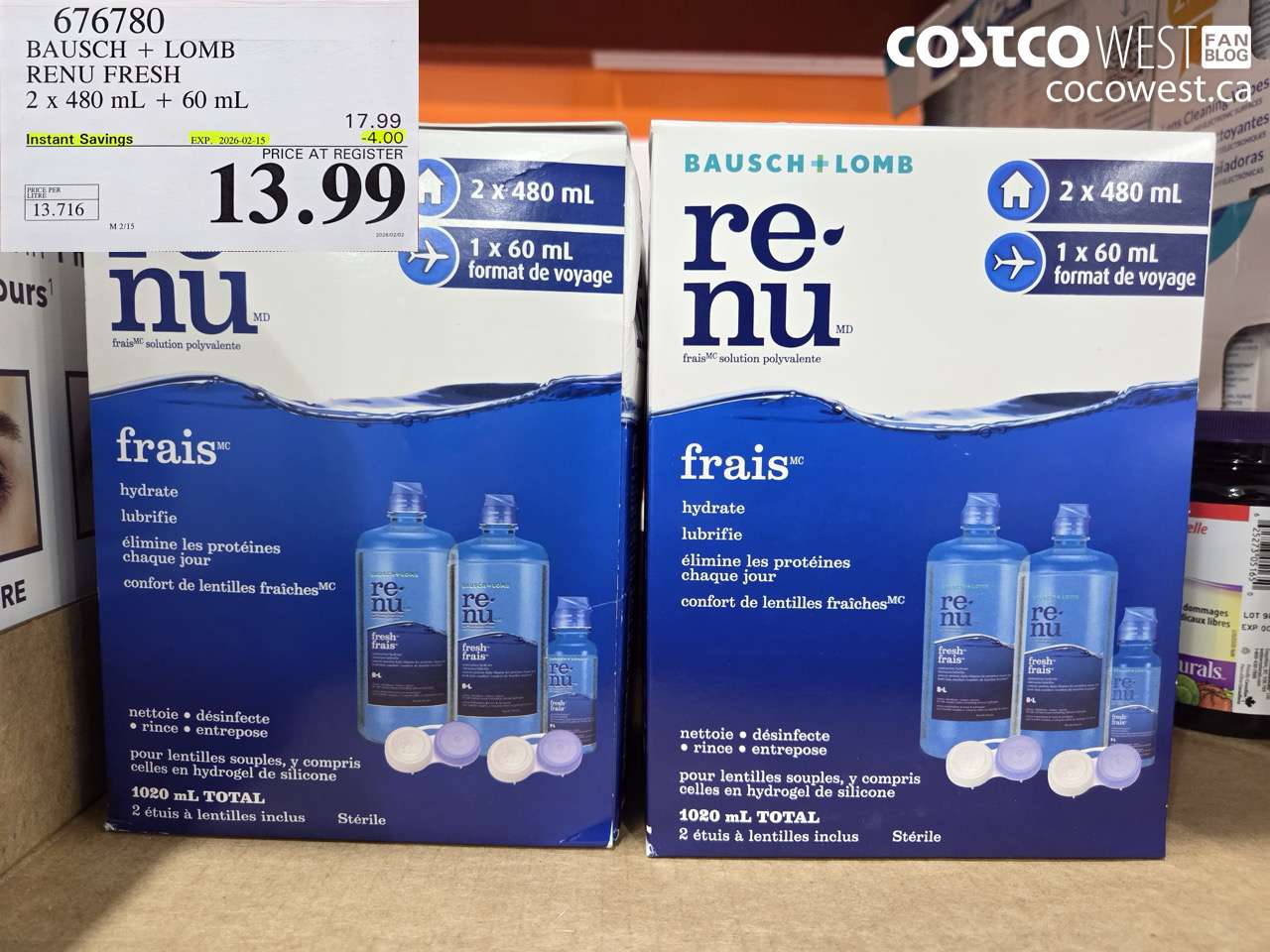 676780 BAUSCH & LOMB RENU FRESH 2 X 480ML + 60ML ($4.00 INSTANT SAVINGS EXPIRES ON 2026-02-15) $13.99