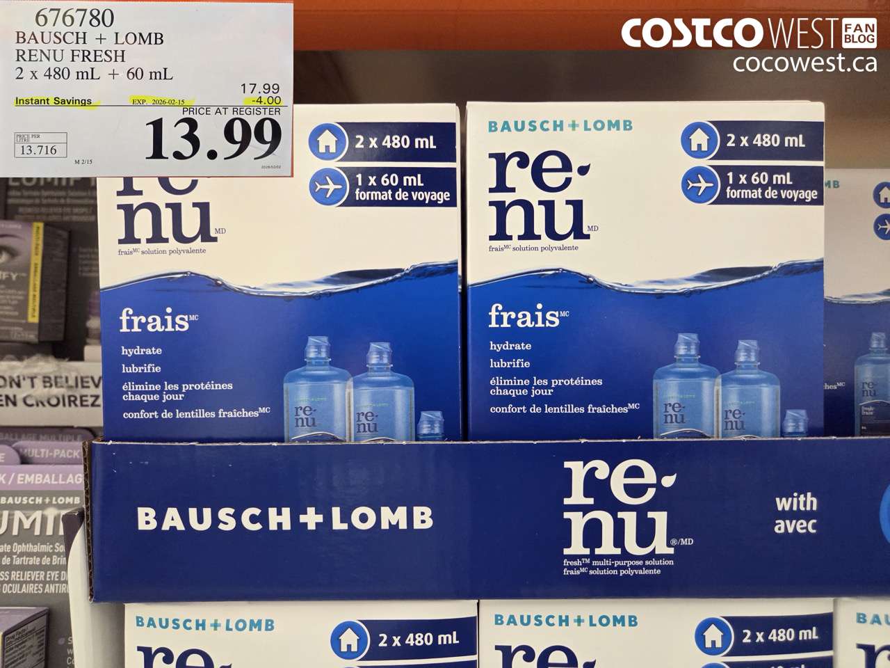 676780 BAUSCH + LOMB RENU FRESH 2 x 480 mL + 60 mL ($4.00 INSTANT SAVINGS EXPIRES ON 2026-02-15) $13.99