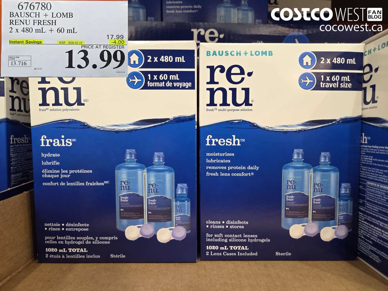 676780 BAUSCH + LOMB RENU FRESH 2 x 480 mL + 60 mL ($4.00 INSTANT SAVINGS EXPIRES ON 2026-02-15) $13.99