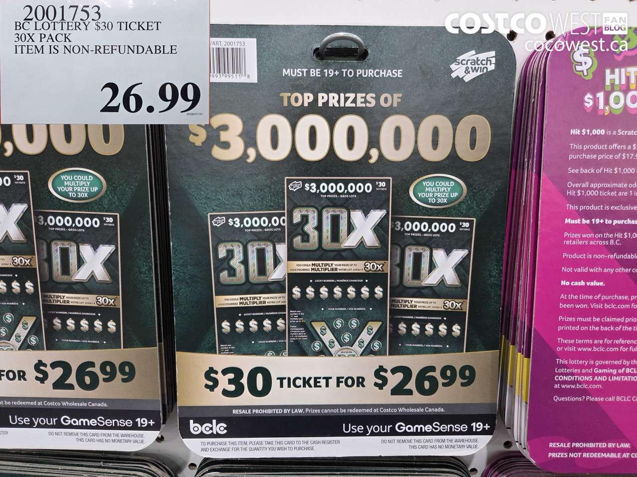 2001753 BC LOTTERY $30 TICKET 30X PACK ITEM IS NON-REFUNDABLE $26.99