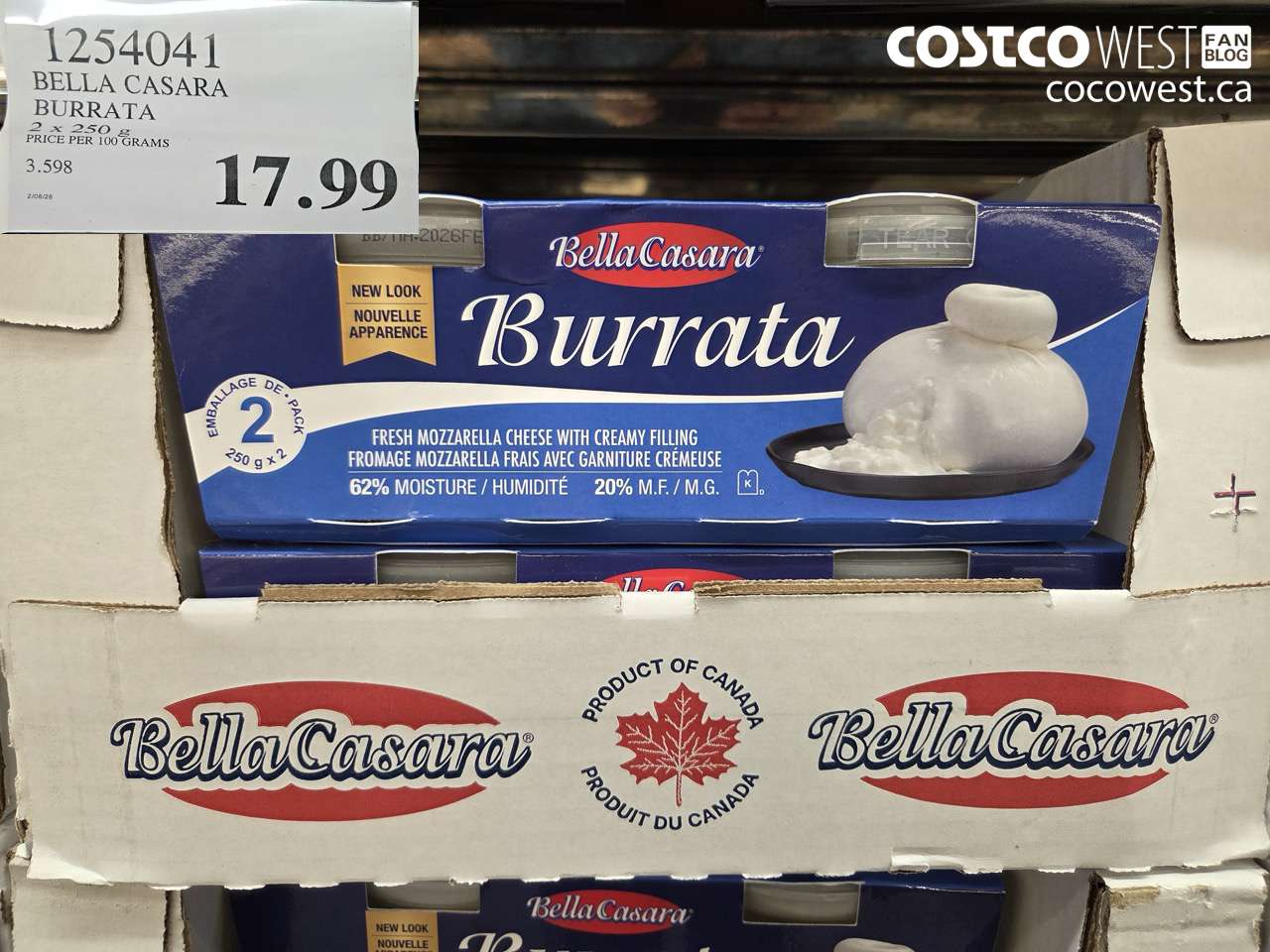 1254041 BELLA CASARA BURRATA 2 X 250G $17.99