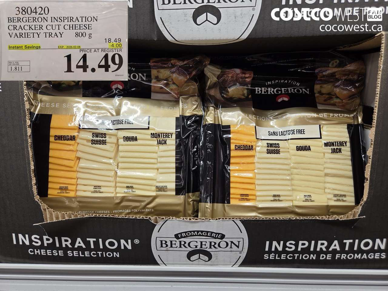 380420 BERGERON INSPIRATION CRACKER CUT CHEESE VARIETY TRAY 800 g ($4.00 INSTANT SAVINGS EXPIRES ON 2026-02-08) $14.49