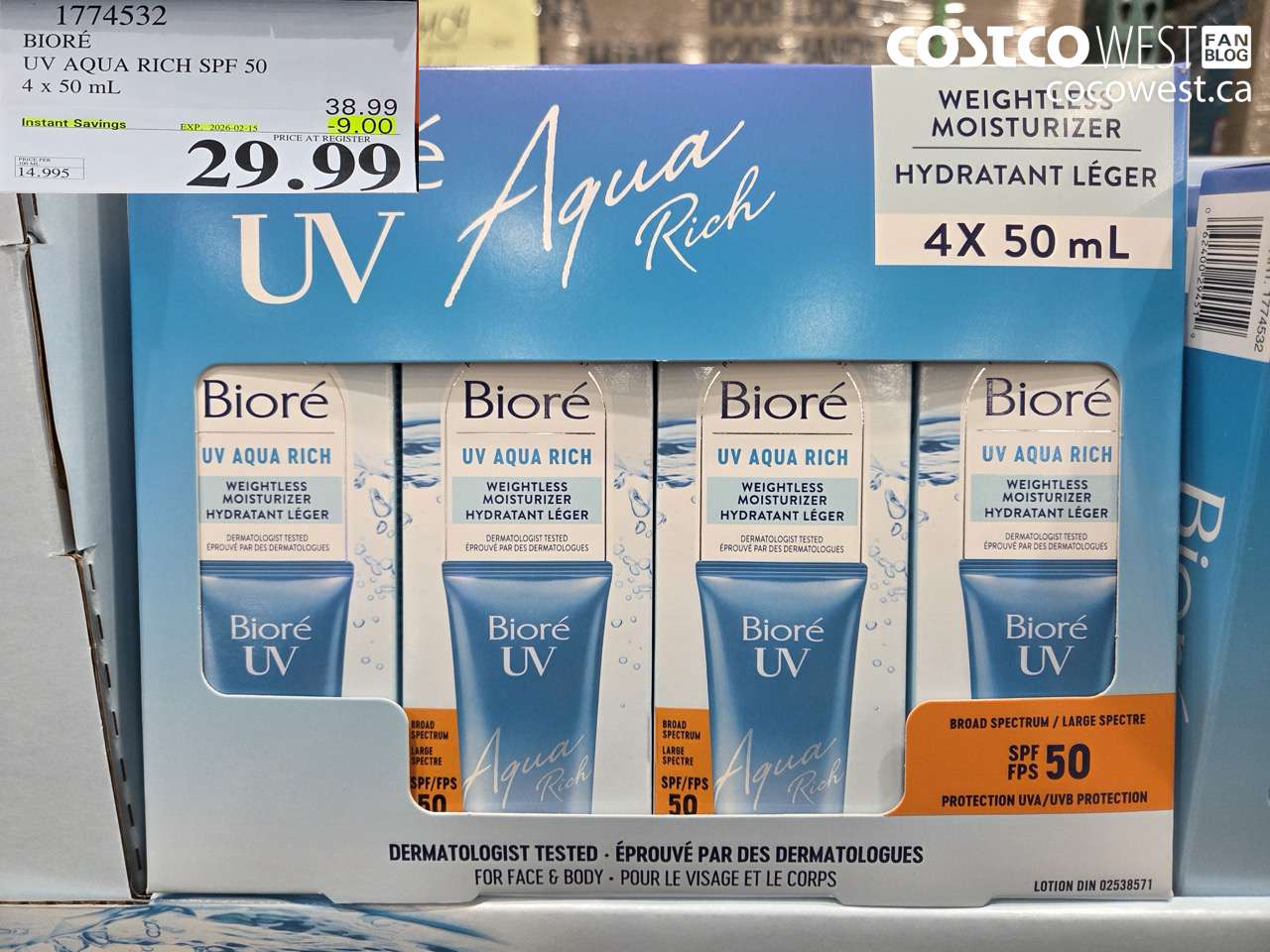 1774532 BIORE UV AQUA RICH SPF 50 4 X 50ML ($9.00 INSTANT SAVINGS EXPIRES ON 2026-02-15) $29.99