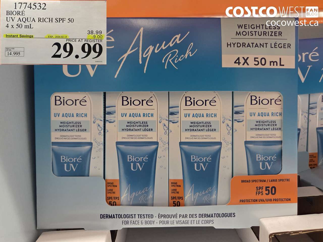 1774532 BIORÉ UV AQUA RICH SPF 50 4 x 50 mL ($9.00 INSTANT SAVINGS EXPIRES ON 2026-02-15) $29.99