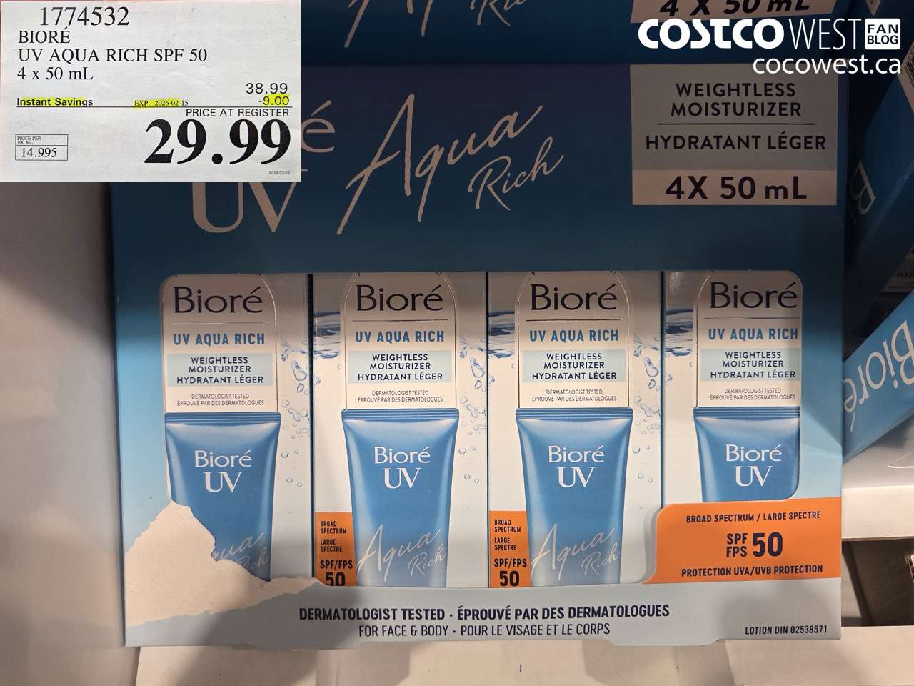 1774532 BIORÉ UV AQUA RICH SPF 50 4 x 50 mL ($9.00 INSTANT SAVINGS EXPIRES ON 2026-02-15) $29.99