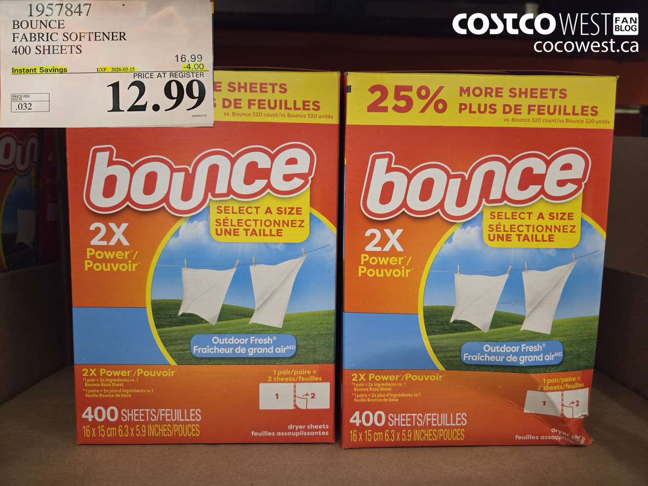 1957847 BOUNCE FABRIC SOFTENER 400 SHEETS ($4.00 INSTANT SAVINGS EXPIRES ON 2026-03-15) $12.99