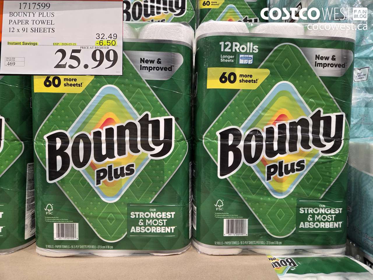 1717599 BOUNTY PLUS PAPER TOWEL 12 X 91 SHEETS ($6.50 INSTANT SAVINGS EXPIRES ON 2026-03-15) $25.99