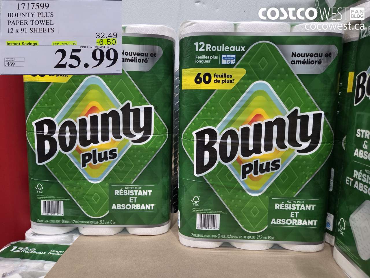 1717599 BOUNTY PLUS PAPER TOWEL 12 x 91 SHEETS ($6.50 INSTANT SAVINGS EXPIRES ON 2026-03-15) $25.99