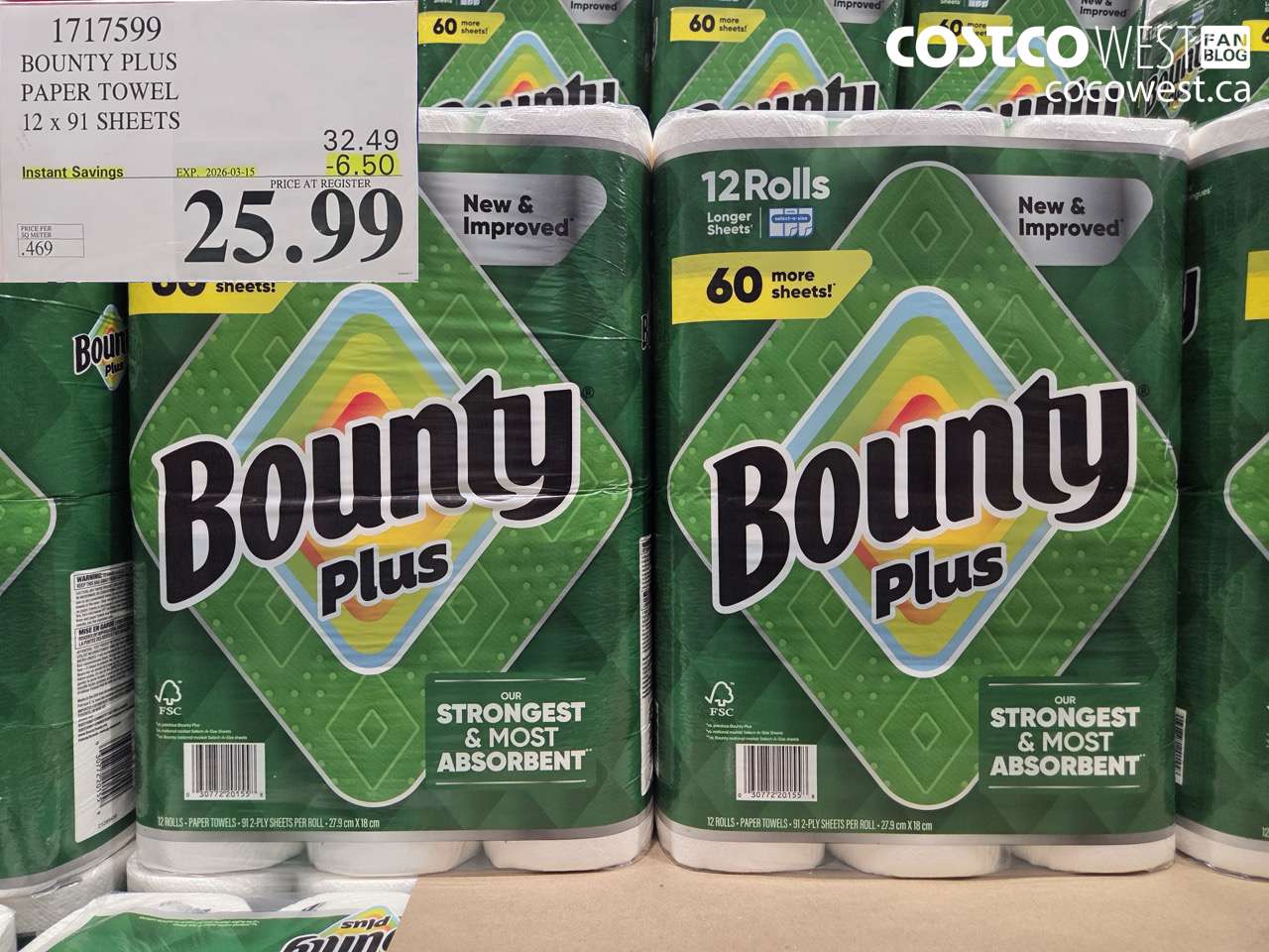 1717599 BOUNTY PLUS PAPER TOWEL 12 x 91 SHEETS ($6.50 INSTANT SAVINGS EXPIRES ON 2026-03-15) $25.99