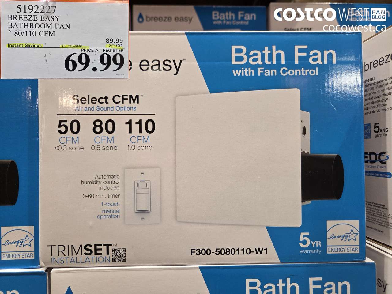 5192227 BREEZE EASY BATHROOM FAN 80/110 CFM ($20.00 INSTANT SAVINGS EXPIRES ON 2026-03-01) $69.99