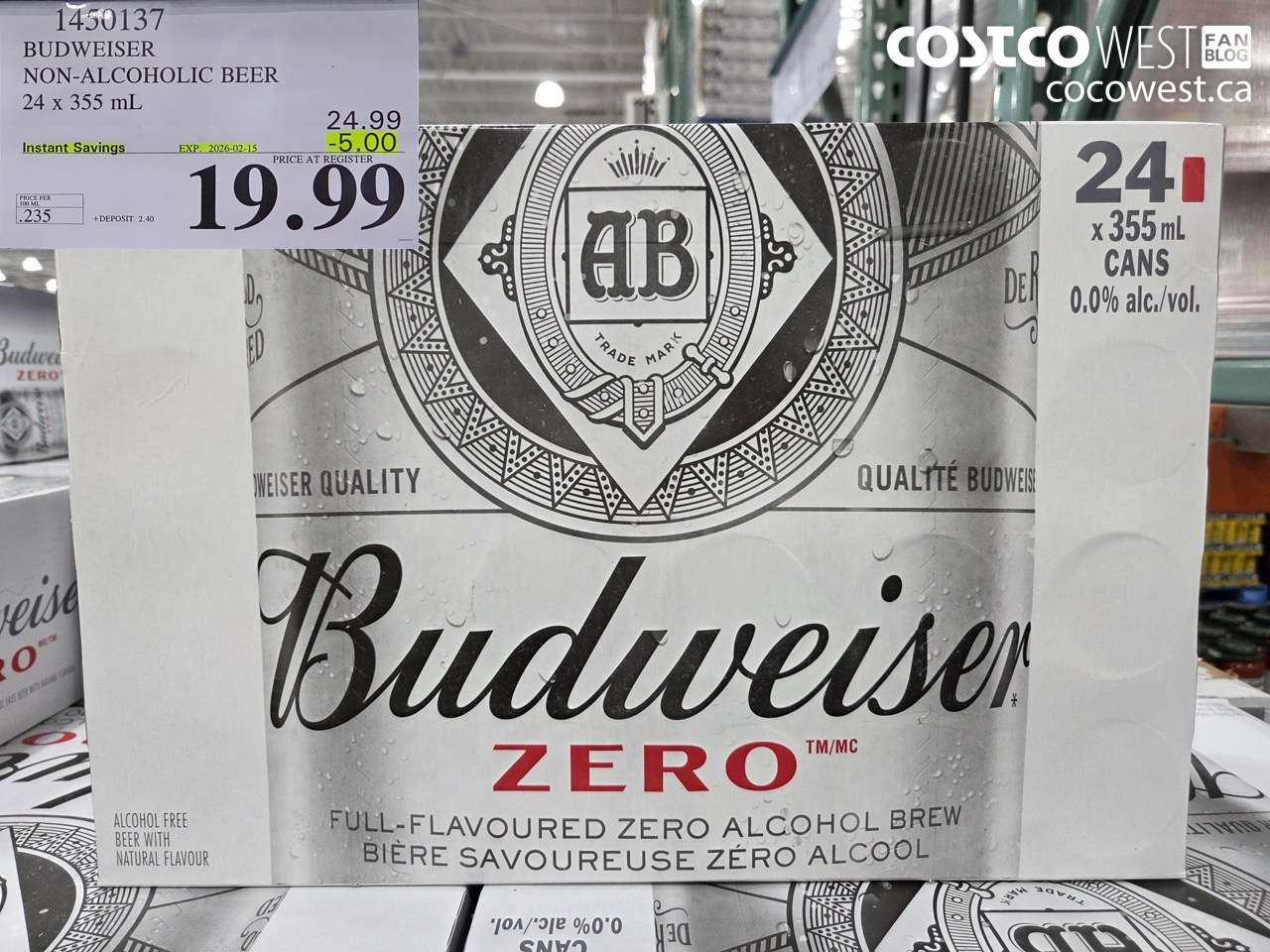 1450137 BUDWEISER 0.0% 24 x 355 mL ($5.00 INSTANT SAVINGS EXPIRES ON 2026-02-15) $19.99