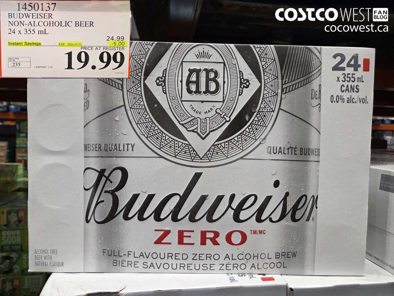1450137 BUDWEISER NON-ALCOHOLIC BEER 24 X 355 ML ($5.00 INSTANT SAVINGS EXPIRES ON 2026-03-01) $19.99