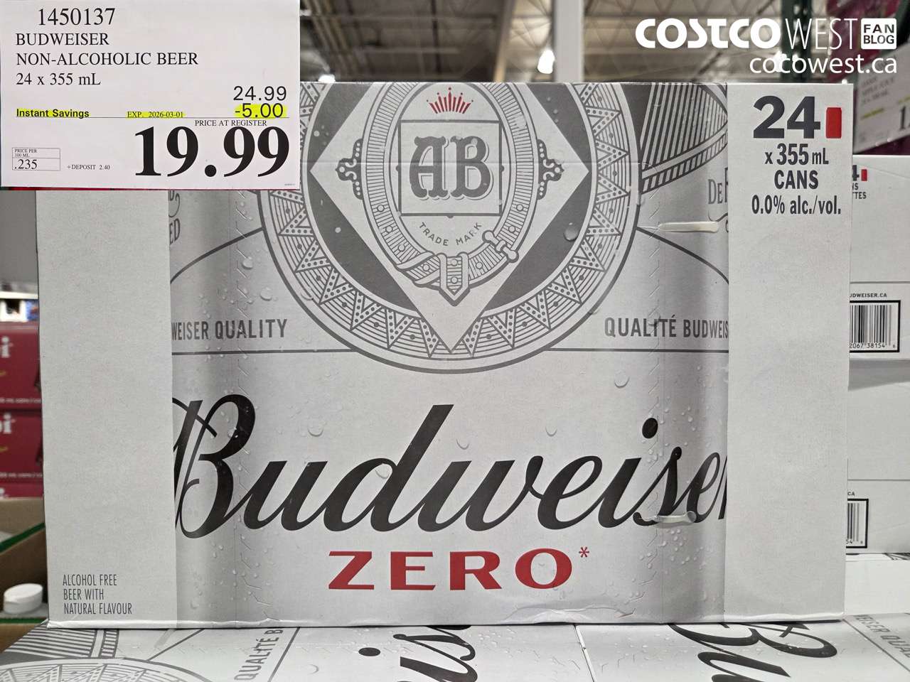 1450137 BUDWEISER NON-ALCOHOLIC BEER 24 X 355 ML ($5.00 INSTANT SAVINGS EXPIRES ON 2026-03-01) $19.99