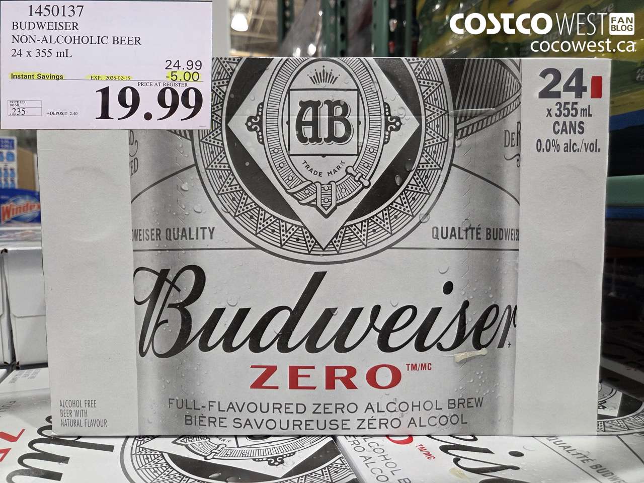 1450137 BUDWEISER NON-ALCOHOLIC BEER 24 x 355 mL ($5.00 INSTANT SAVINGS EXPIRES ON 2026-02-15) $19.99
