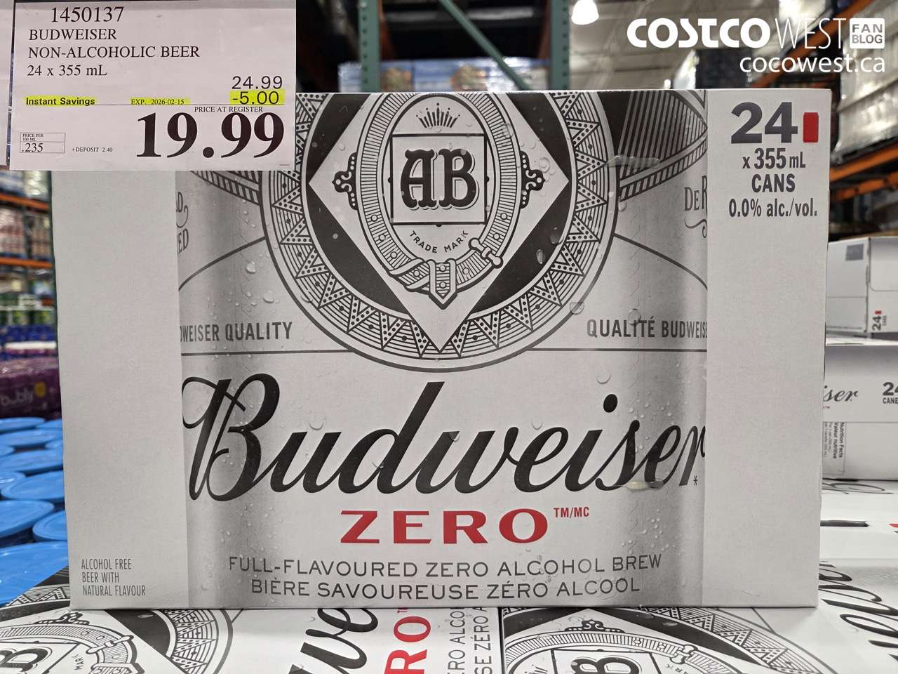 1450137 BUDWEISER NON-ALCOHOLIC BEER 24 x 355 mL ($5.00 INSTANT SAVINGS EXPIRES ON 2026-02-15) $19.99