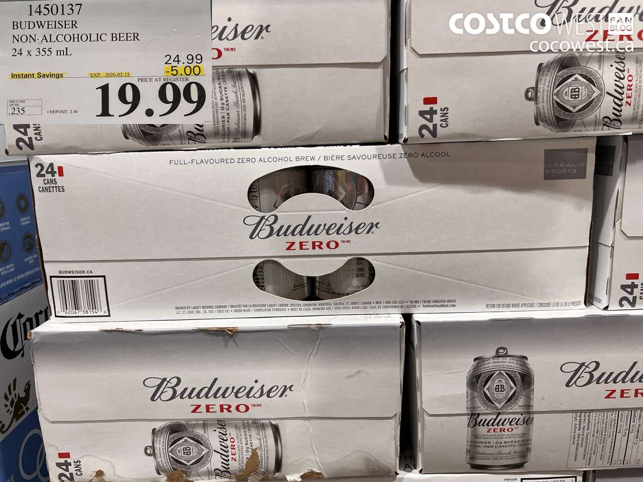 1450137 BUDWEISER NON-ALCOHOLIC BEER 24 x 355 mL ($5.00 INSTANT SAVINGS EXPIRES ON 2026-02-15) $19.99