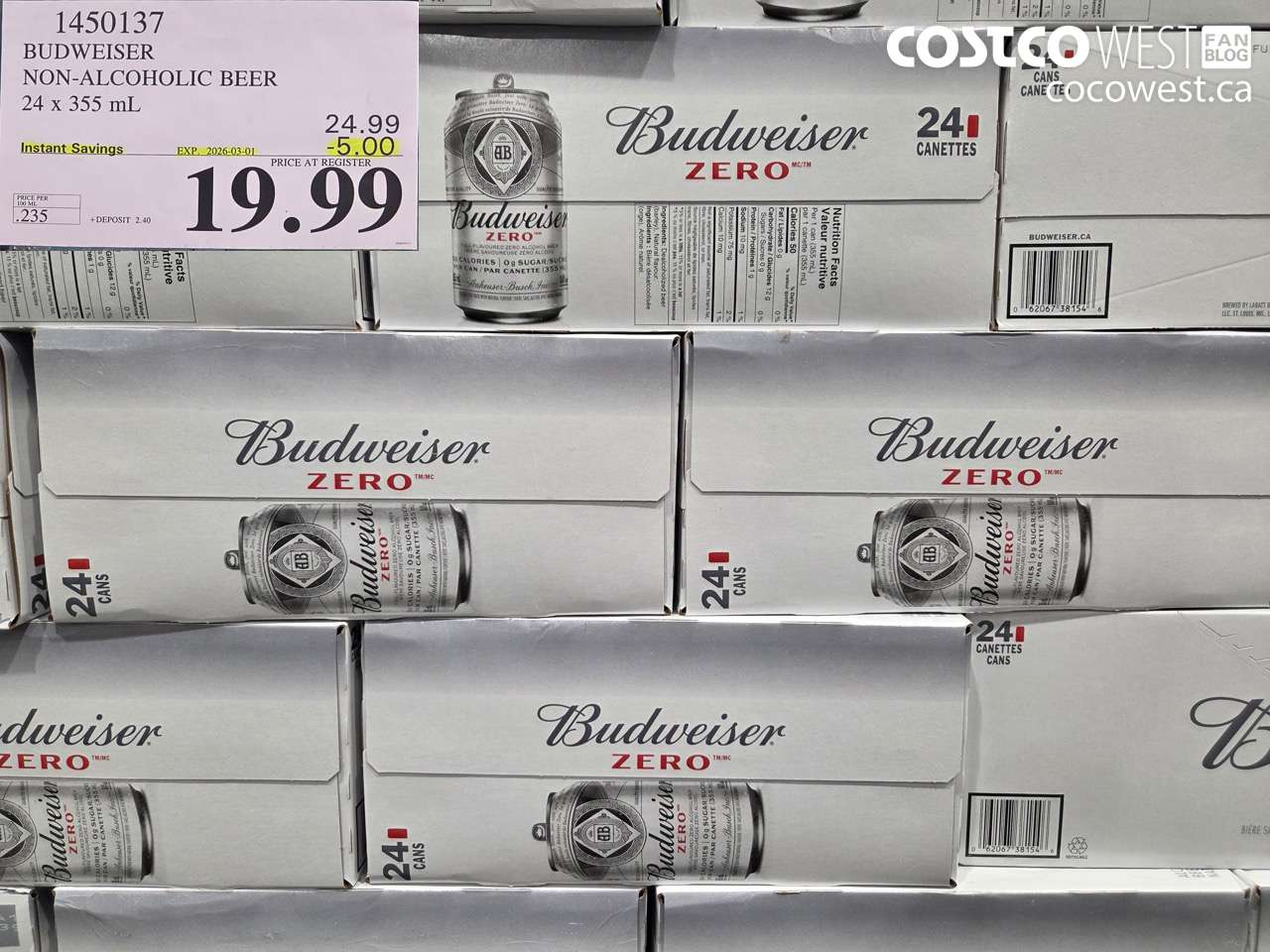 1450137 BUDWEISER NON-ALCOHOLIC BEER 24 x 355 ml ($5.00 INSTANT SAVINGS EXPIRES ON 2026-03-01) $19.99