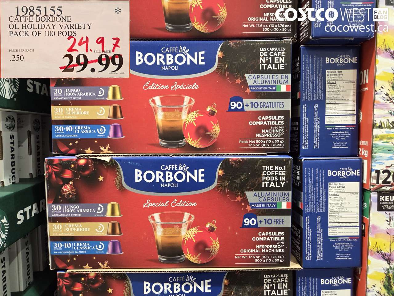 1985155 CAFFE BORBONE OL HOLIDAY VARIETY PACK OF 100 PODS $24.97