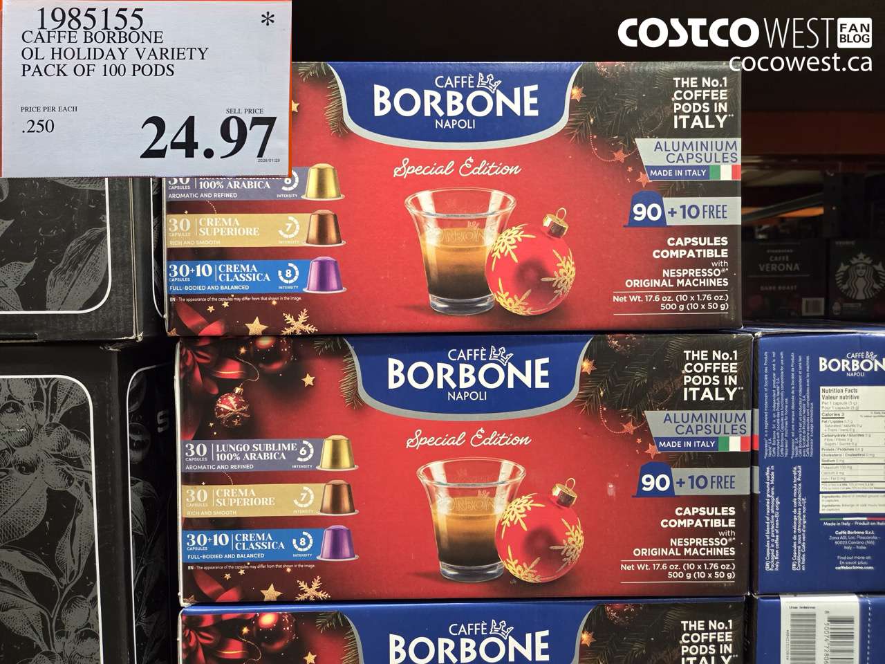 1985155 CAFFE BORBONE OL HOLIDAY VARIETY PACK OF 100 PODS $24.97