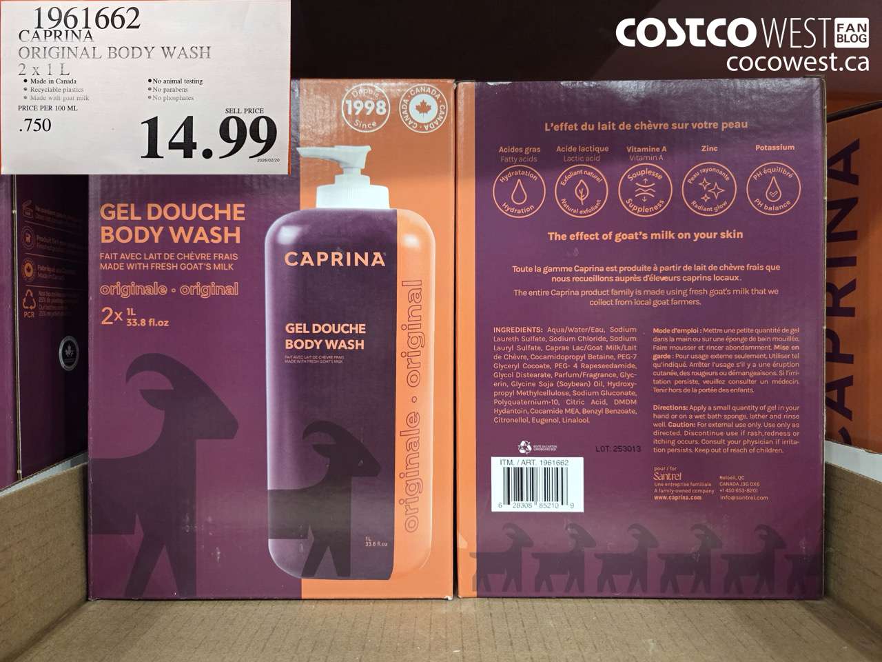 1961662 CAPRINA ORIGINAL BODY WASH 2 X 1 L $14.99