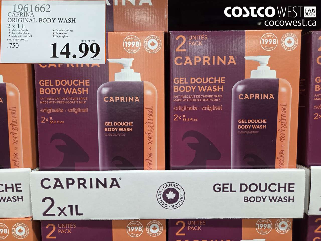 1961662 CAPRINA ORIGINAL BODY WASH 2 X 1 L $14.99