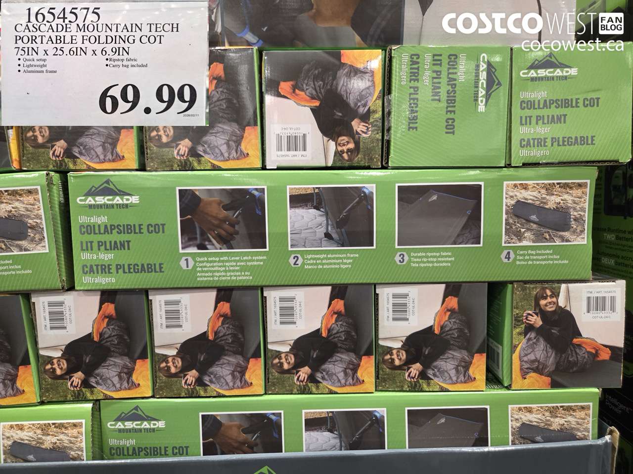 1654575 CASCADE MOUNTAIN TECH PORTABLE FOLDING COT 75IN X 25.6IN X 6.9IN $69.99