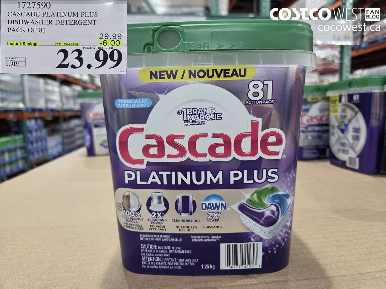1727590 CASCADE PLATINUM PLUS DISHWASHER DETERGENT 81 TABS ($6.00 INSTANT SAVINGS EXPIRES ON 2026-02-08) $23.99