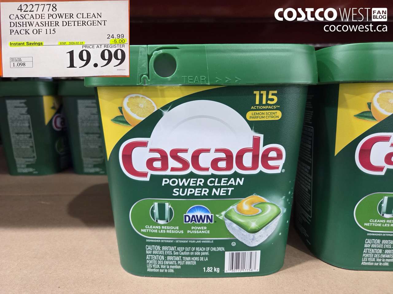 4227778 CASCADE POWER CLEAN DISHWASHER DETERGENT 115 COUNT ($5.00 INSTANT SAVINGS EXPIRES ON 2026-02-15) $19.99
