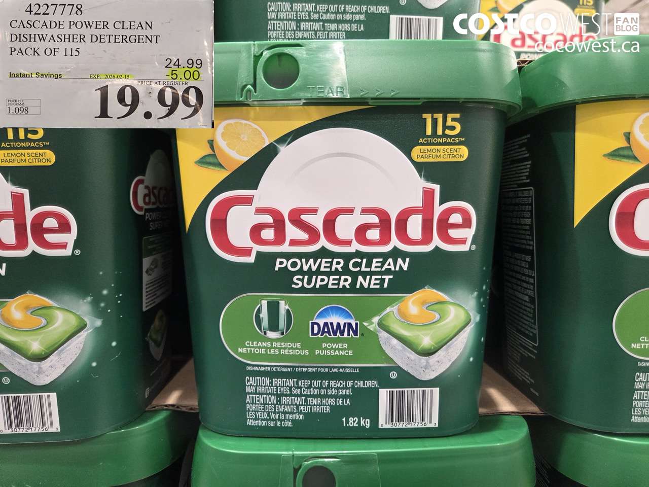 4227778 CASCADE POWER CLEAN DISHWASHER DETERGENT PACK OF 115 ($5.00 INSTANT SAVINGS EXPIRES ON 2026-02-15) $19.99