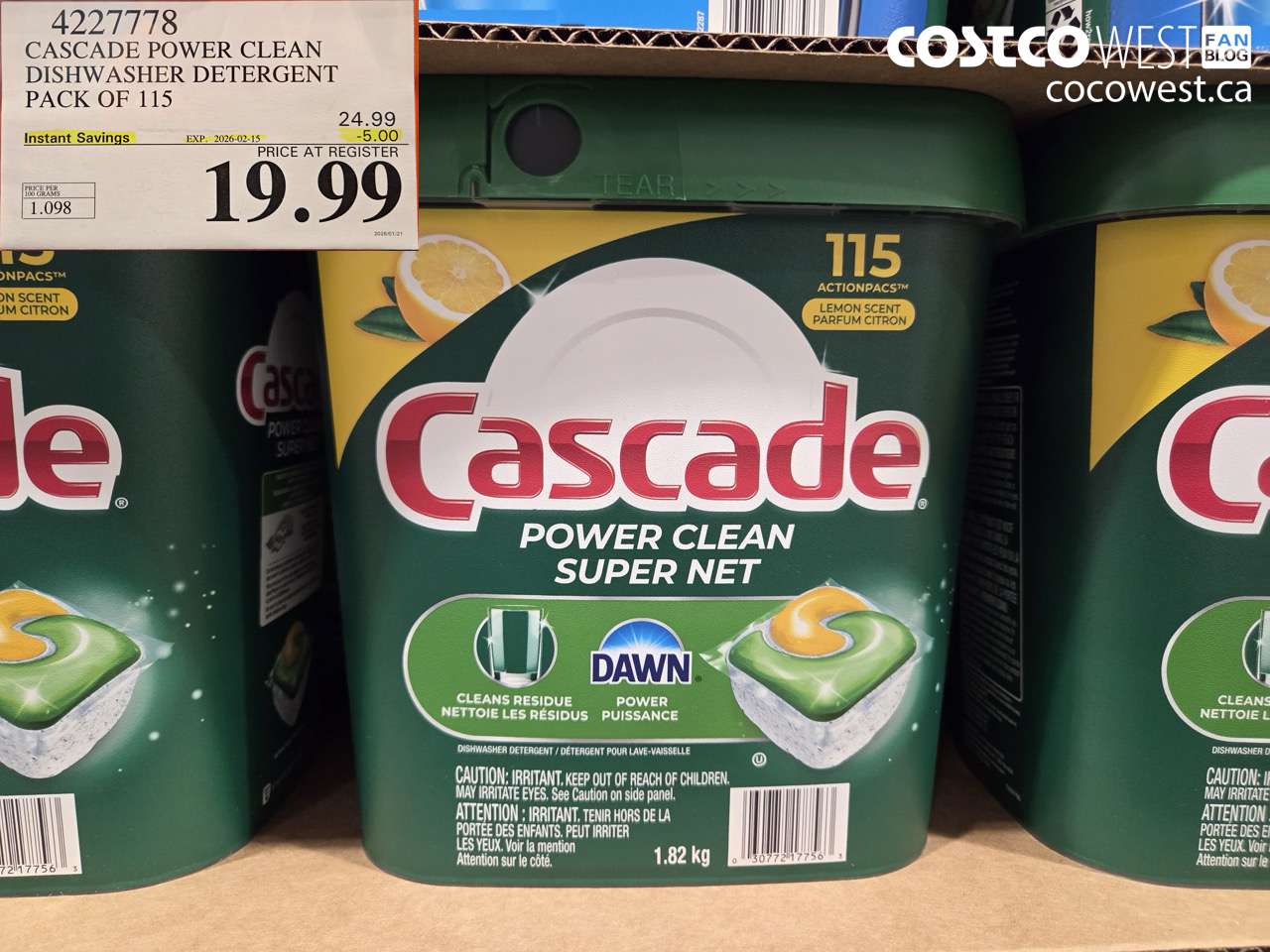 4277778 CASCADE POWER CLEAN DISHWASHER DETERGENT PACK OF 115 ($5.00 INSTANT SAVINGS EXPIRES ON 2026-02-15) $19.99