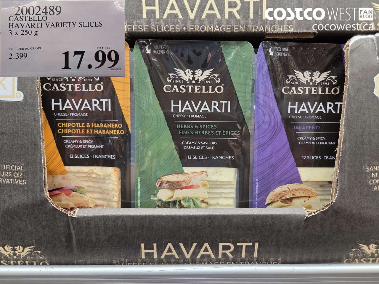 2002489 CASTELLO HAVARTI VARIETY SLICES 3 X 250 G $17.99