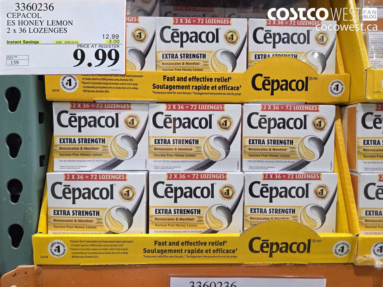 3360236 CEPACOL ES HONEY LEMON 2 X 36 LOZENGES ($3.00 INSTANT SAVINGS EXPIRES ON 2026-03-01) $9.99