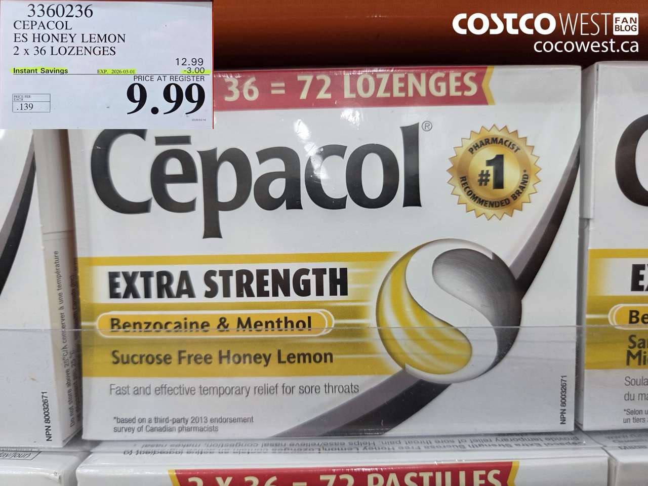 3360236 CEPACOL ES HONEY LEMON 2 x 36 LOZENGES ($3.00 INSTANT SAVINGS EXPIRES ON 2026-03-01) $9.99
