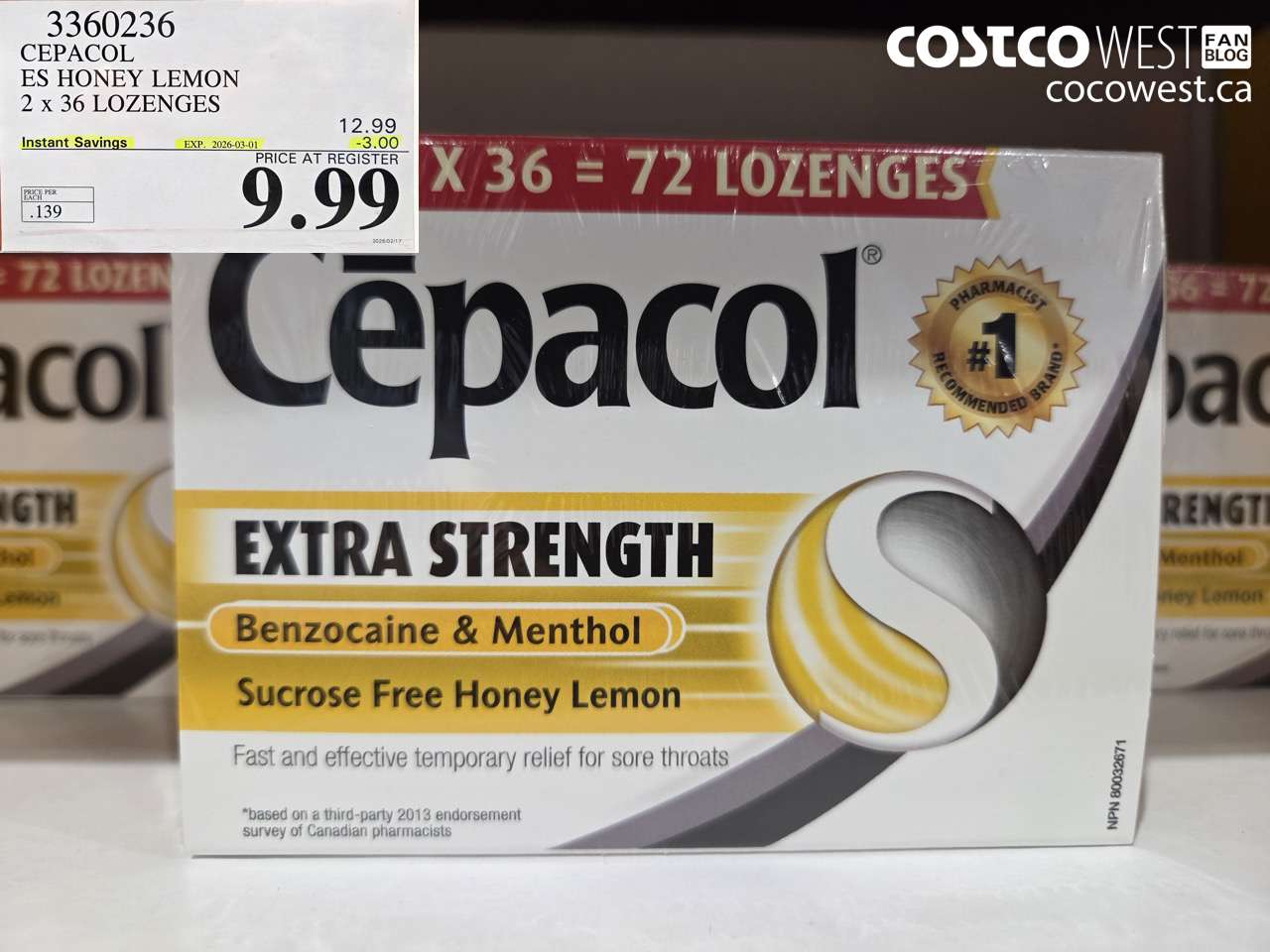 3360236 CEPACOL ES HONEY LEMON 2 x 36 LOZENGES ($3.00 INSTANT SAVINGS EXPIRES ON 2026-03-01) $9.99
