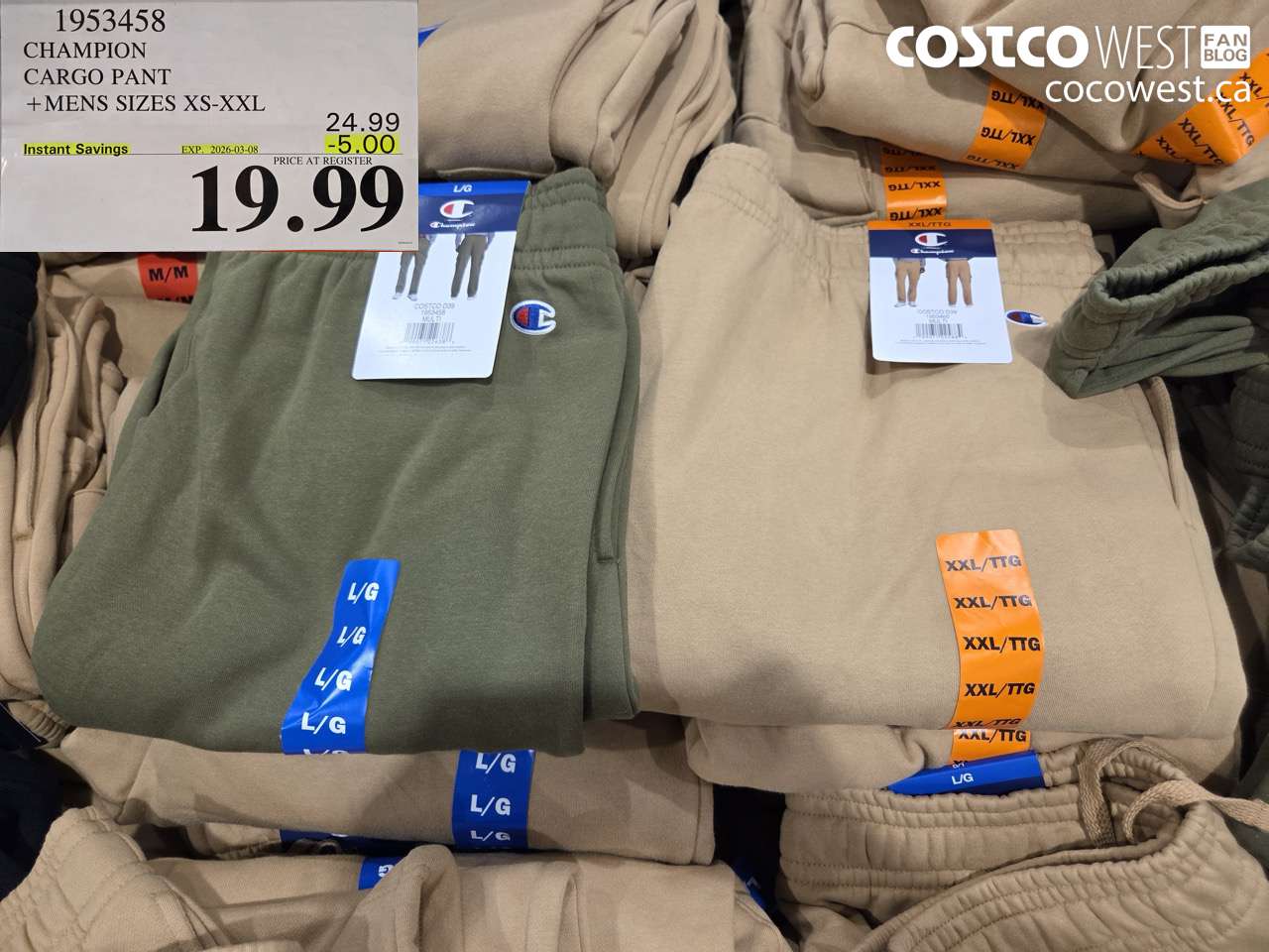 1953458 CHAMPION CARGO PANT + MENS SIZES XS-XXL ($5.00 INSTANT SAVINGS EXPIRES ON 2026-03-08) $19.99