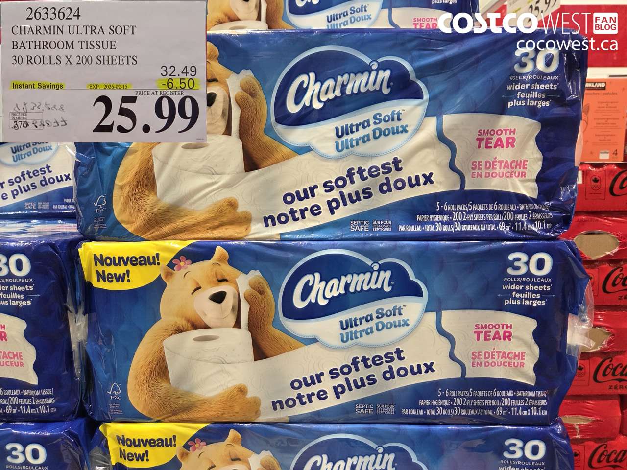 2633624 CHARMIN ULTRA SOFT BATHROOM TISSUE 30 ROLLS X 200 SHEETS ($6.50 INSTANT SAVINGS EXPIRES ON 2026-02-15) $25.99