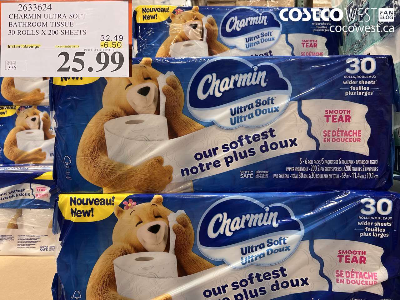 2633624 CHARMIN ULTRA SOFT BATHROOM TISSUE 30 ROLLS X 200 SHEETS ($6.50 INSTANT SAVINGS EXPIRES ON 2026-02-15) $25.99