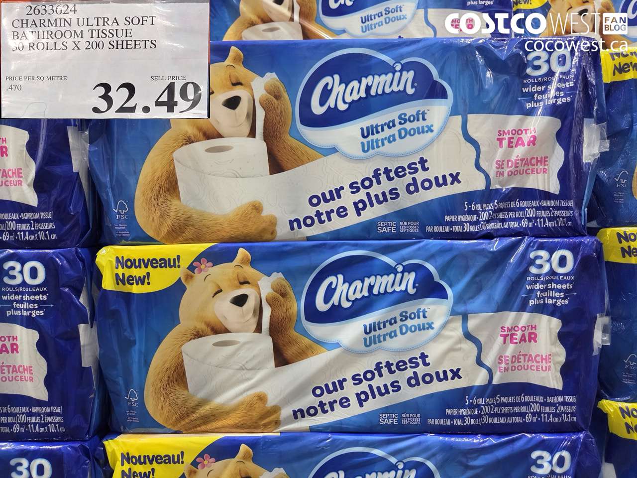 2633624 CHARMIN ULTRA SOFT BATHROOM TISSUE 30 ROLLS X 200 SHEETS $32.49
