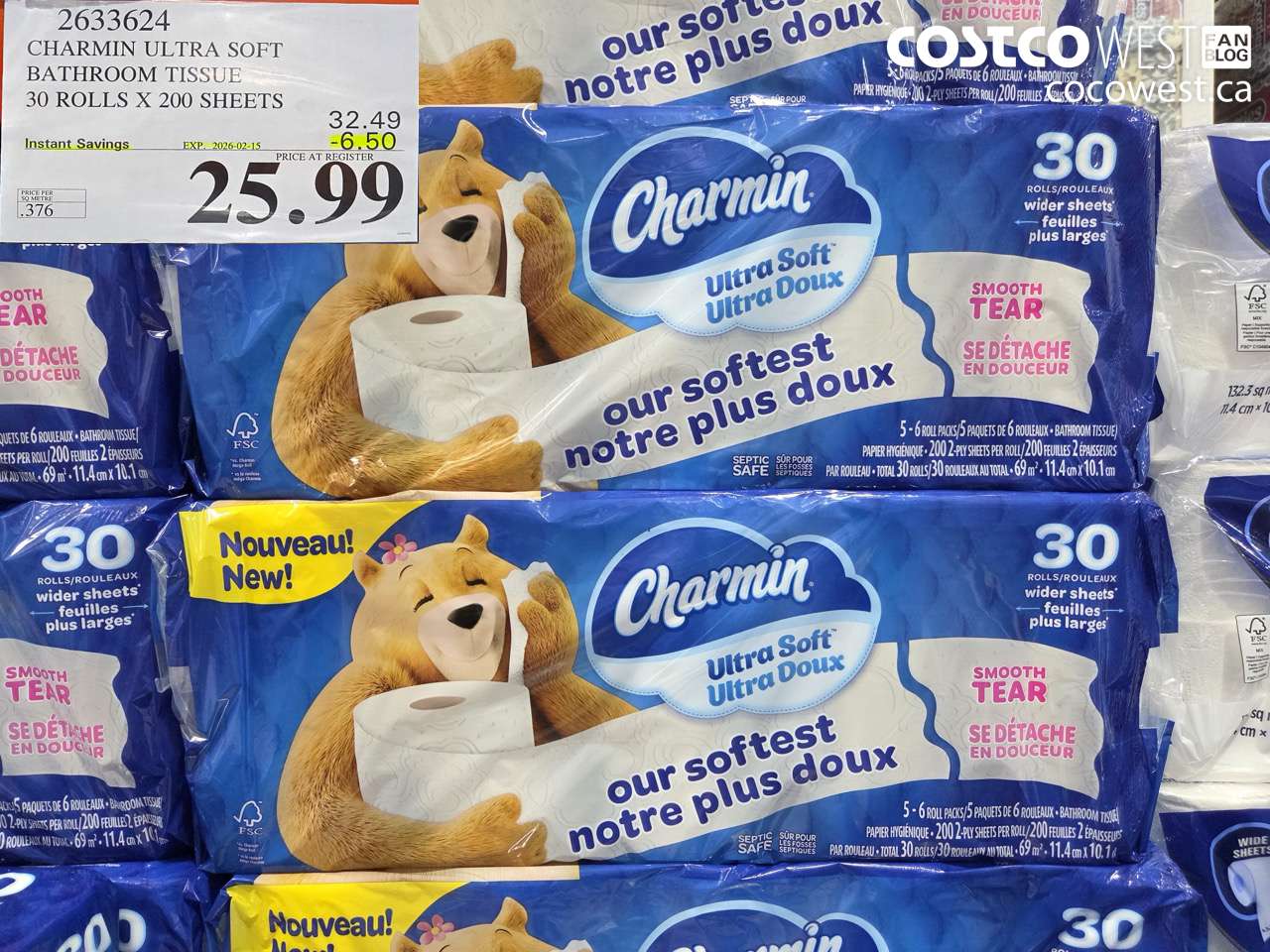 2633624 CHARMIN ULTRA SOFT BATHROOM TISSUE 30 ROLLS X 20 SHEETS ($6.50 INSTANT SAVINGS EXPIRES ON 2026-02-15) $25.99