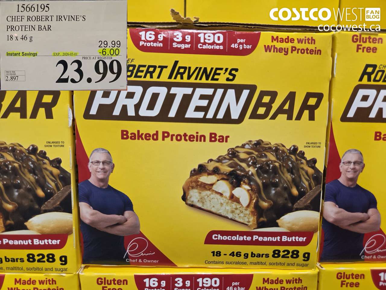 1566195 CHEF ROBERT IRVINE'S PROTEIN BAR 18 X 46 G ($6.00 INSTANT SAVINGS EXPIRES ON 2026-03-01) $23.99