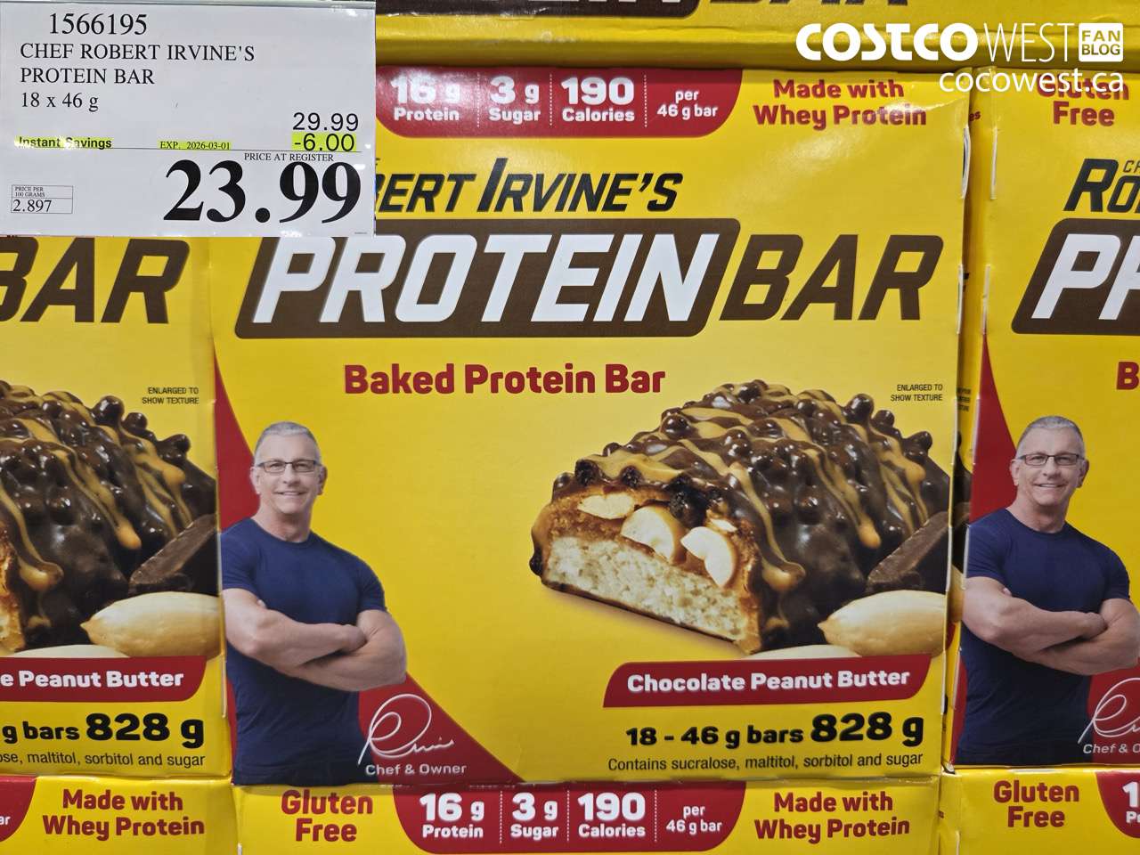 1566195 CHEF ROBERT IRVINE'S PROTEIN BAR 18 X 46 G ($6.00 INSTANT SAVINGS EXPIRES ON 2026-03-01) $23.99